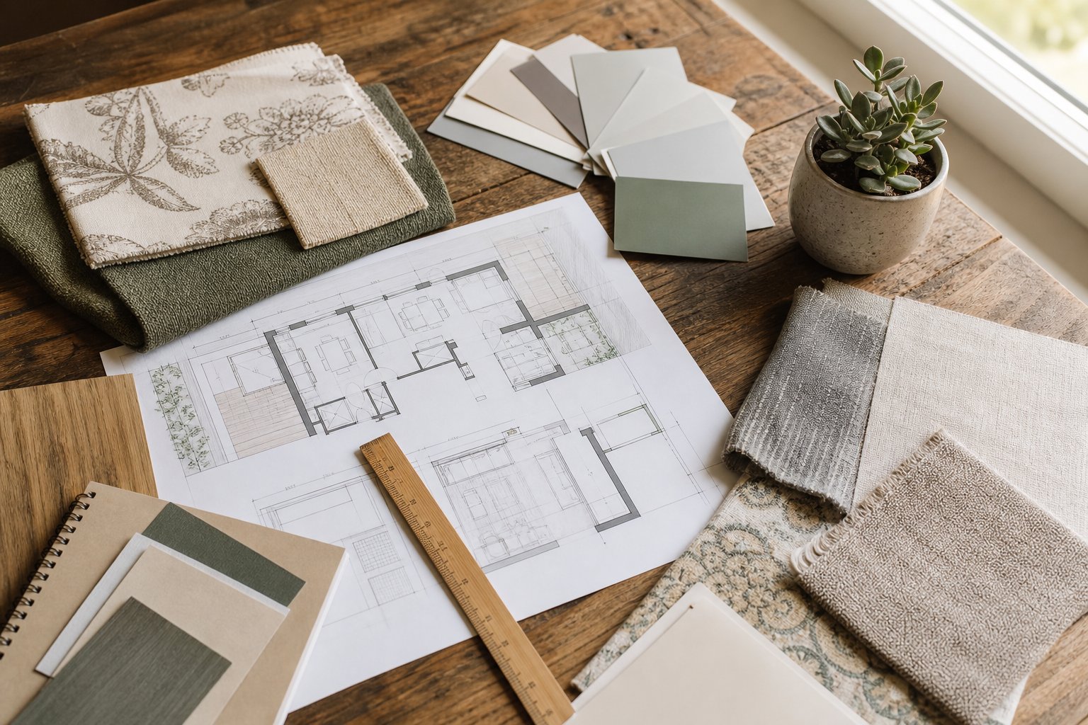 Design planning with floor plans, fabric swatches and paint samples