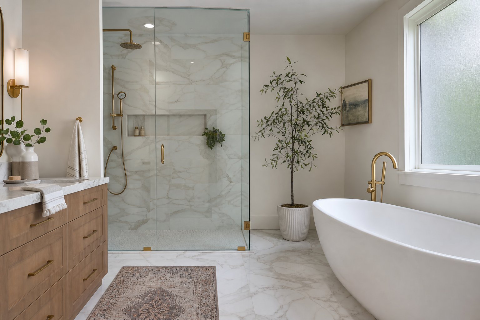 Modern renovated bathroom with tub and walk-in shower