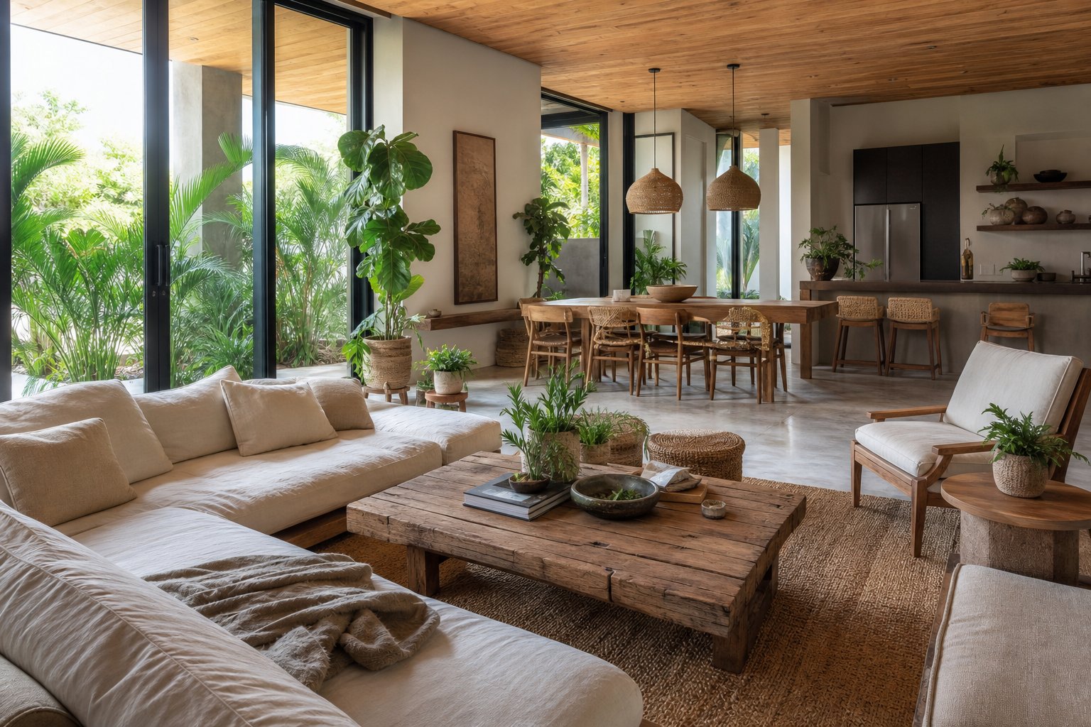 Eco friendly living room with plants and natural materials