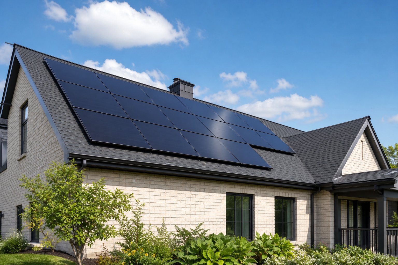 House with solar panels on a new roof